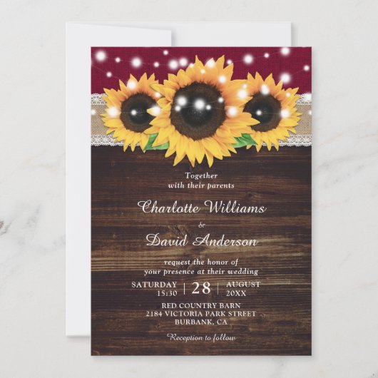 Invitation Mariage de tournesol rustique en Bois de Bourgogne (Devant)