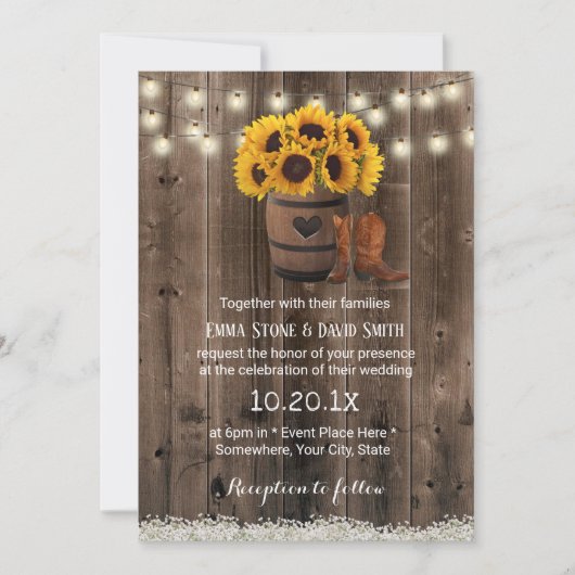 Invitation Mariage de tournesol rustique en tonneau de bois (Devant)