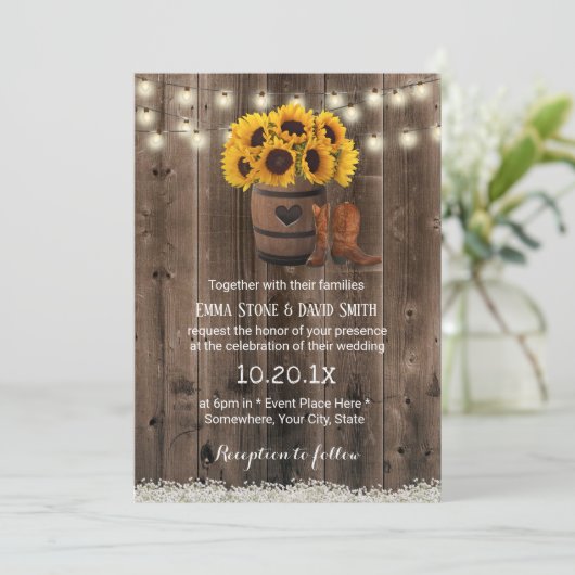Invitation Mariage de tournesol rustique en tonneau de bois (Debout devant)