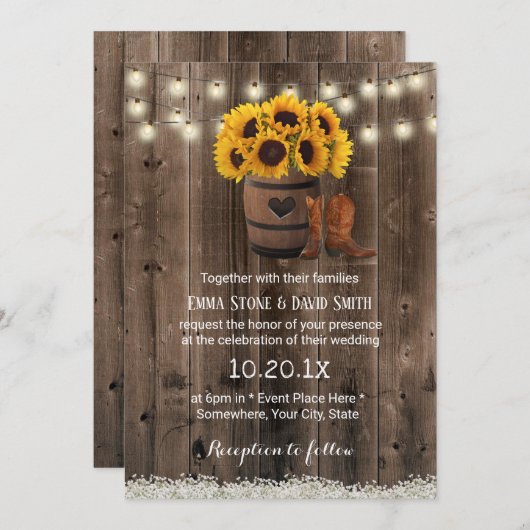 Invitation Mariage de tournesol rustique en tonneau de bois (Devant / Derrière)