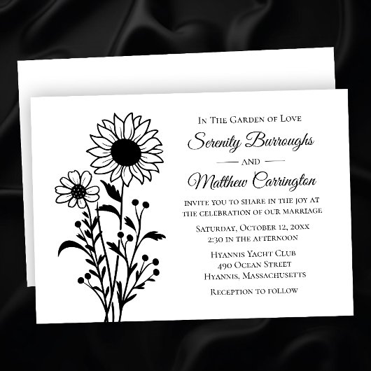 Invitation Mariage de tournesol rustique Floral Blanc noir