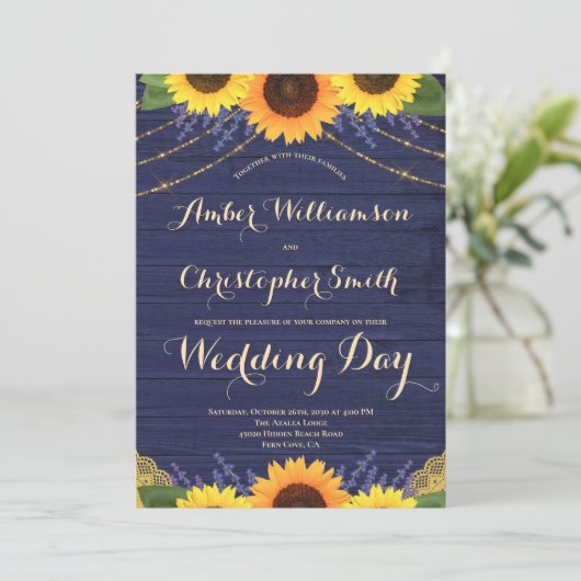 Invitation Mariage de tournesol Rustique Navy Blue String (Debout devant)