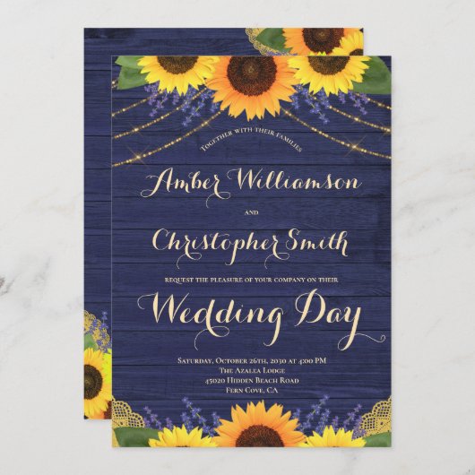 Invitation Mariage de tournesol Rustique Navy Blue String (Devant / Derrière)