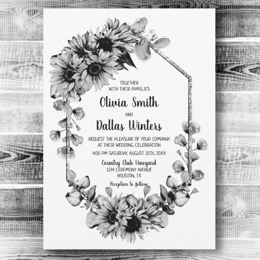 Invitation Mariage de tournesol rustique noir et blanc