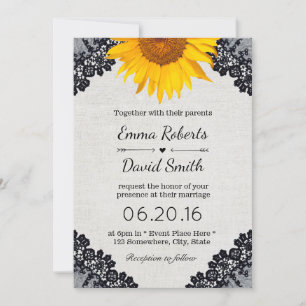 Invitation Mariage de tournesol rustique noir lacé élégant li