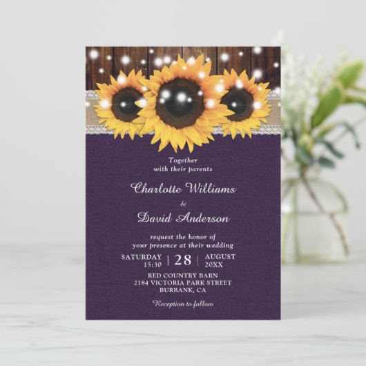 Invitation Mariage de tournesol rustique violet (Debout devant)