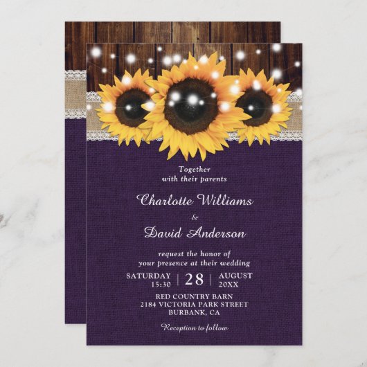 Invitation Mariage de tournesol rustique violet (Devant / Derrière)
