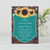Invitation Mariage de tournesol Turquoise en bois rustique (Debout devant)