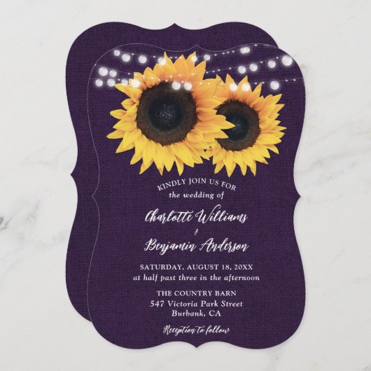 Invitation Mariage de tournesol violet Burlap (Devant / Derrière)