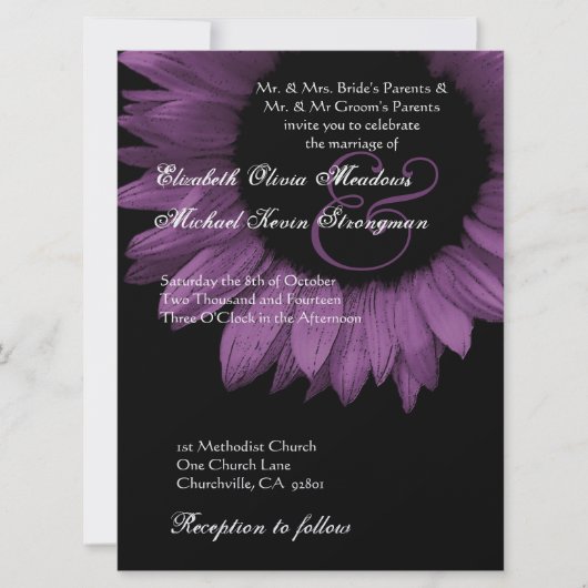 Invitation Mariage de tournesol violet et noir GRAND (Devant)