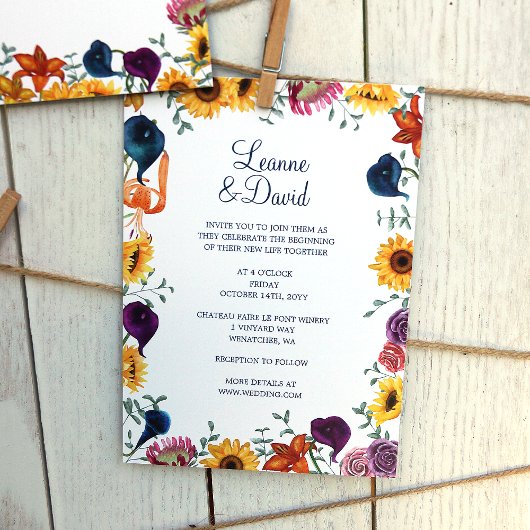 Invitation Mariage de tournesols en or, Navy & Plum Calla Lil