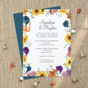 Invitation Mariage de tournesols en or, Navy & Plum Calla Lil