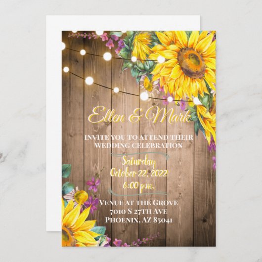 Invitation Mariage de tournesols rustique jaune et violet (Devant / Derrière)