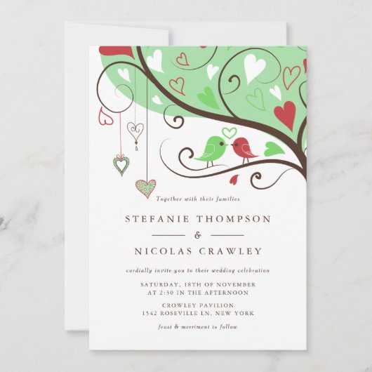 Invitation Mariage de tourterelles à bulles vertes et rouges (Devant)