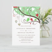 Invitation Mariage de tourterelles à bulles vertes et rouges (Debout devant)