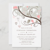 Invitation Mariage de tourterelles à lunettes rose et gris (Devant)