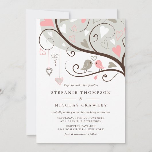 Invitation Mariage de tourterelles gris et rose (Devant)
