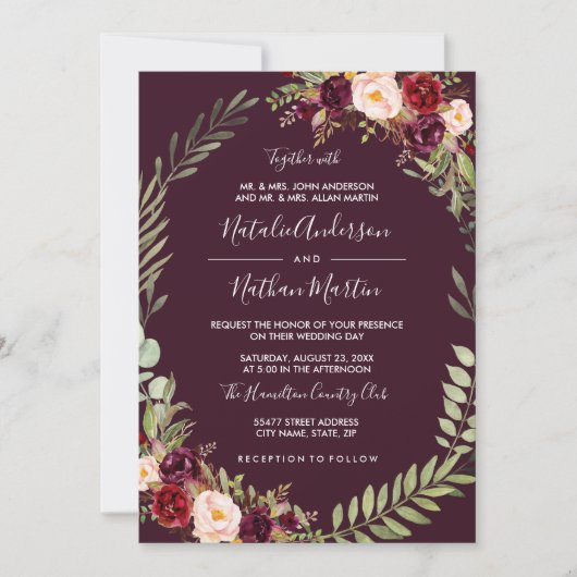 Invitation Mariage de trame de couronnes florales bordeaux (Devant)