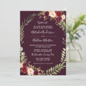 Invitation Mariage de trame de couronnes florales bordeaux (Debout devant)