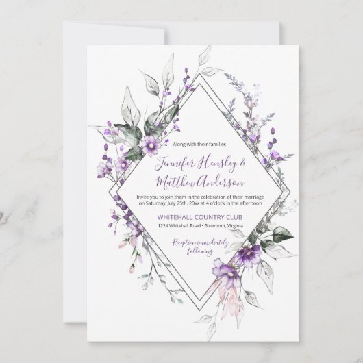 Invitation Mariage de trame de diamant violet et transparent (Devant)