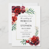 Invitation Mariage de trame dorée Floral Rose Bourgogne moder (Devant)