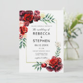 Invitation Mariage de trame dorée Floral Rose Bourgogne moder (Debout devant)