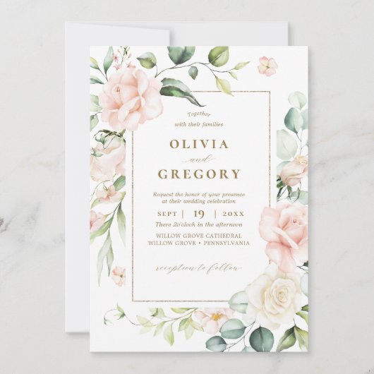 Invitation Mariage de trame or à fleurs roses blanches (Devant)