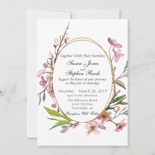 Invitation Mariage de trame or Chic en fleurs de cerisier ros (Devant)