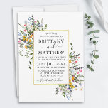 Invitation Mariage de trame or Fleur sauvage à aquarelle déli<br><div class="desc">Faire-part de mariage moderne Watercolor Fleur sauvage comprend des fleurs sauvages jaunes,  roses,  violettes,  bleues et blanches poussiéreuses,  des feuilles d'eucalyptus,  des feuilles verts sauge et d'autres plantes botaniques sur un cadre doré. Inclut un élégant script de calligraphie.</div>