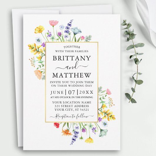 Invitation Mariage de trame or Fleur sauvage Aquarelle