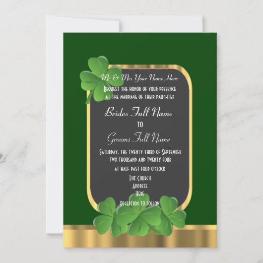 Invitation mariage de trèfle vert shamrock irlandais (Devant)