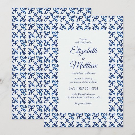Invitation Mariage de tuiles bleu méditerranéen (Devant / Derrière)