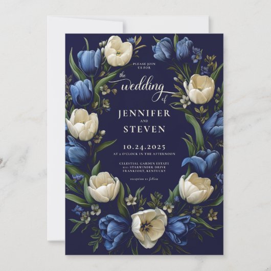 Invitation Mariage de tulipe bleu et blanc de la marine roman (Devant)