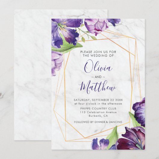 Invitation Mariage de tulipes violettes en marbre géométrique (Devant / Derrière)