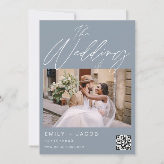 Invitation Mariage de Two Photo Dusty Blue QR code (Devant)