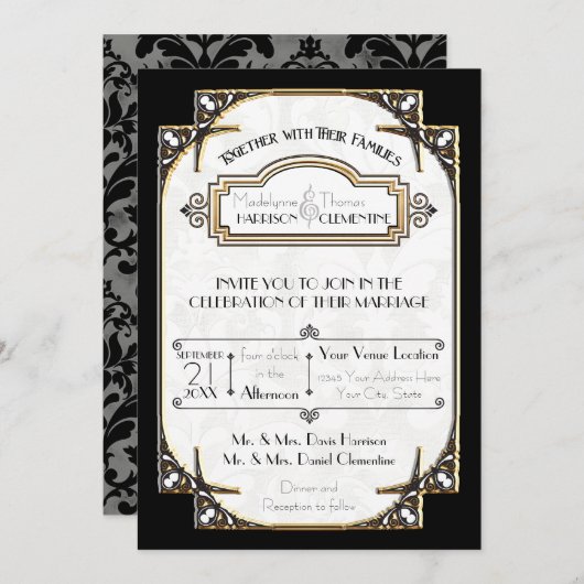 Invitation Mariage de typographie Art Déco Noir et Blanc (Devant / Derrière)