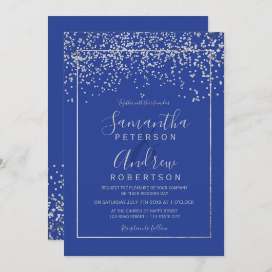 Invitation Mariage de typographie bleu roi de confetti d'arge (Devant / Derrière)