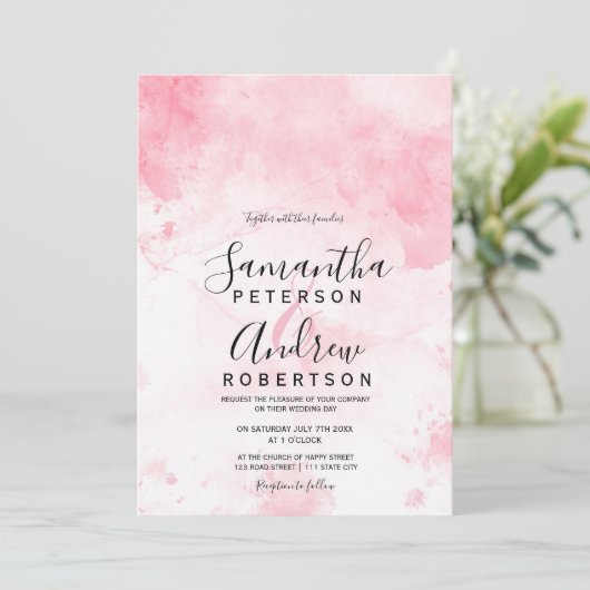 Invitation Mariage de typographie d'aquarelle rose moderne (Debout devant)