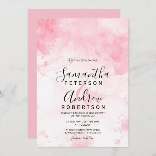 Invitation Mariage de typographie d'aquarelle rose moderne (Devant / Derrière)