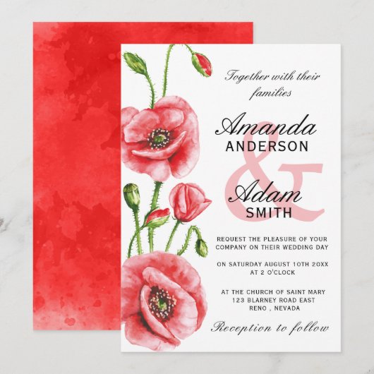 Invitation Mariage de typographie de l'aquarelle du pavot de  (Devant / Derrière)