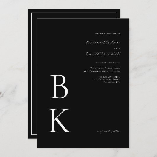 Invitation Mariage de typographie de monogramme moderne noir (Devant / Derrière)