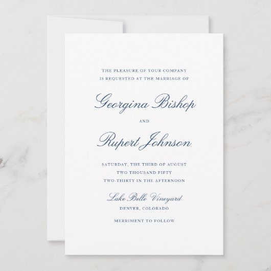 Invitation Mariage de typographie de script simple bleu marin (Devant)