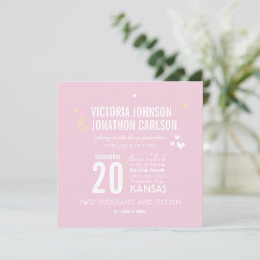 Invitation Mariage de typographie de Zag rose et jaune (Debout devant)