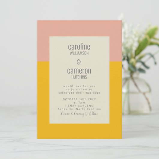 Invitation Mariage de typographie géométrique rose jaune mode (Debout devant)