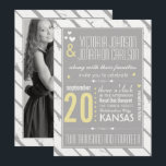 Invitation Mariage de typographie moderne gris et jaune<br><div class="desc">Vieux Hollywood Vintage Moderne Retro Playbill Votre photo Grey et Jaune Coeurs mignons Motif Géométrique Typographie Mariage Invitations - Jaune peut être changée en n'importe quelle couleur en cliquant sur personnaliser - Mariage gris et Jaune avec votre photo sur le dos</div>