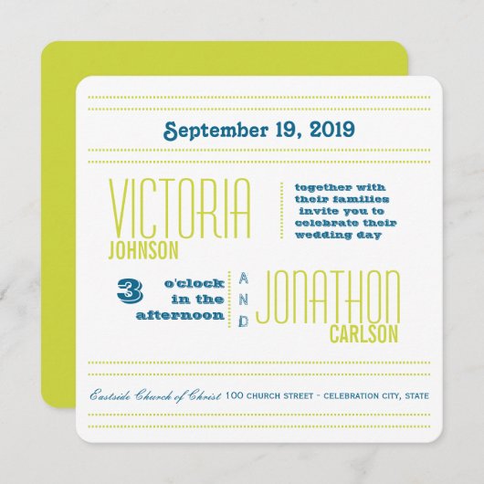 Invitation Mariage de typographie moderne turquoise et Lime (Devant / Derrière)
