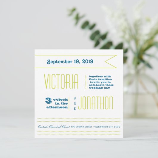 Invitation Mariage de typographie moderne turquoise et Lime (Debout devant)