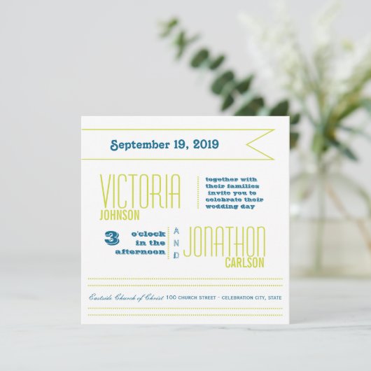 Invitation Mariage de typographie moderne turquoise et Lime (Debout devant)