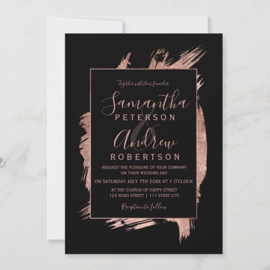 Invitation mariage de typographie rose moderne en or noir (Devant)