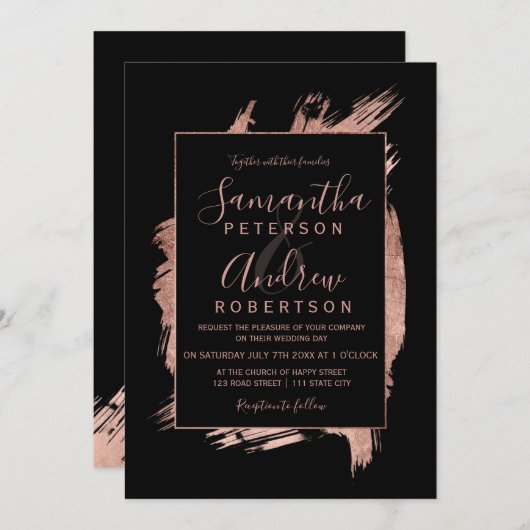 Invitation mariage de typographie rose moderne en or noir (Devant / Derrière)